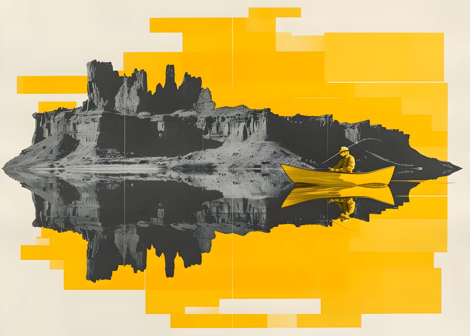 Modern Minimalist Fisherman Poster – Yellow and Grey Canyon Landscape Reflection Print — Poster