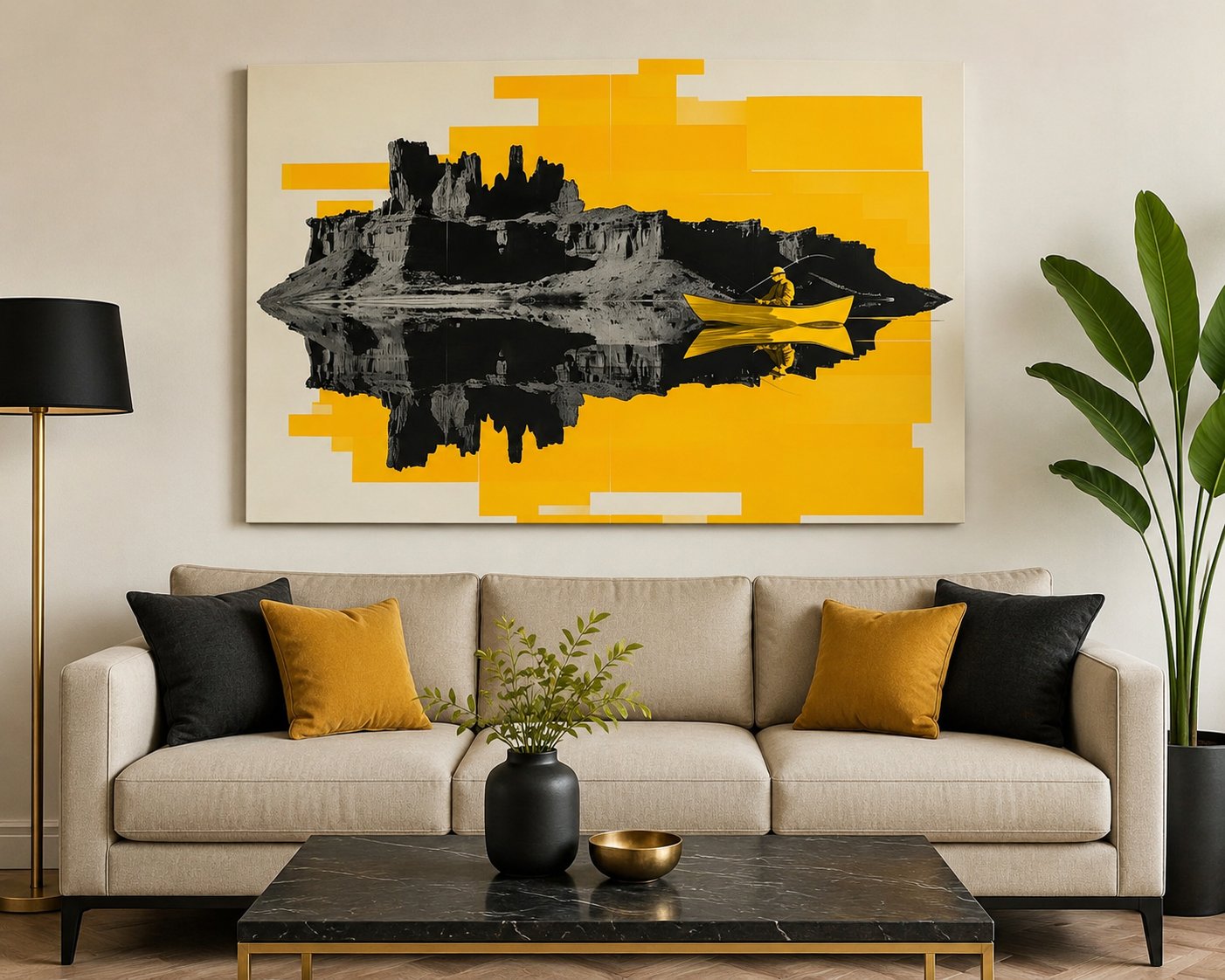 Modern Minimalist Fisherman Wall Art – Yellow and Grey Canyon Landscape Reflection Print canvas print — fisherman wall decor