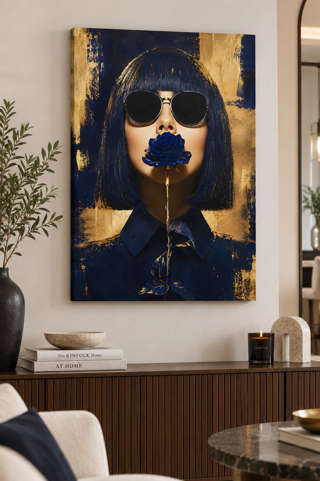 Modern Navy and Gold Portrait Wall Art – Contemporary Fashion Canvas Print, Mysterious Woman with Blue Rose canvas print — fashion woman decor