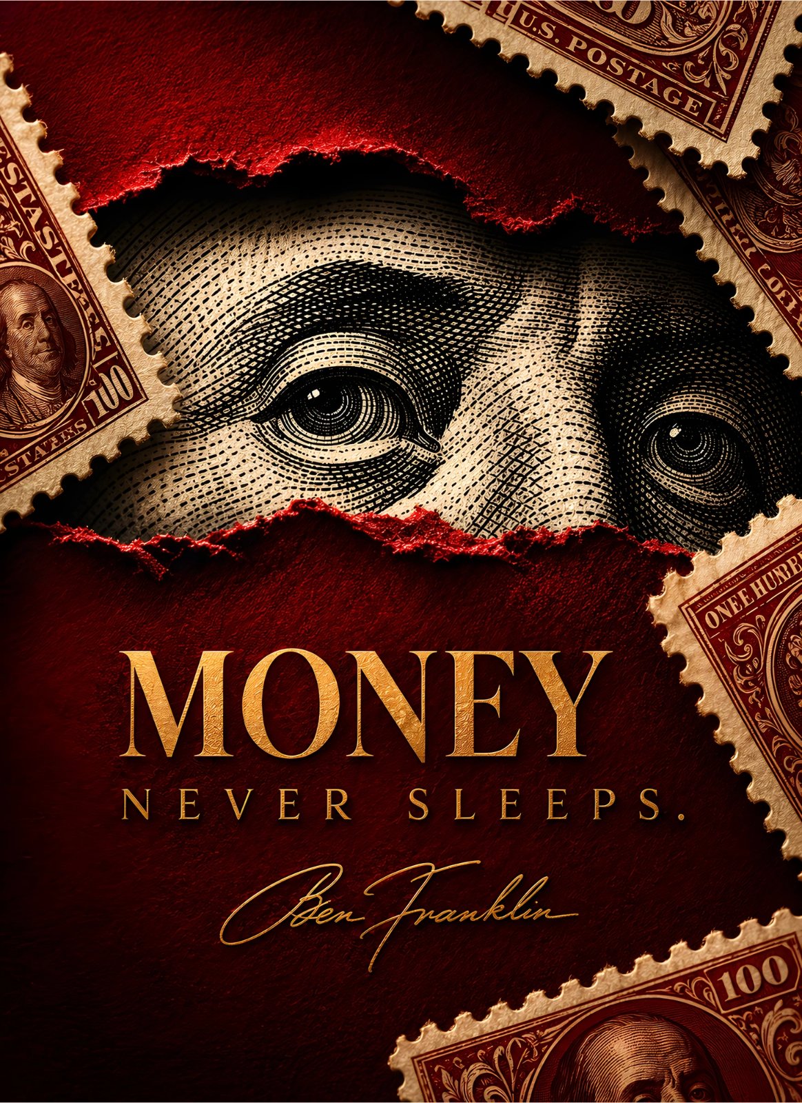 Money Never Sleeps Poster – Red & Gold Vintage Money Typography Poster with Franklin Portrait — Poster
