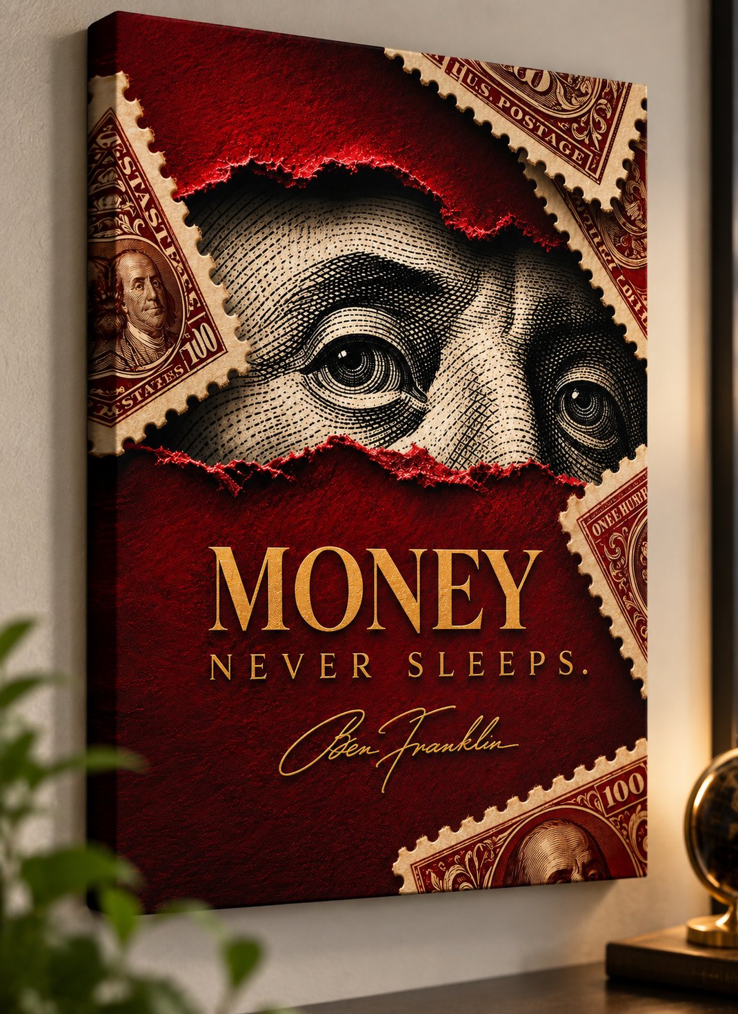 Red and gold artwork featuring Benjamin Franklin’s engraved portrait, vintage U.S. dollar postage stamps, textured crimson background, and the words “MONEY NEVER SLEEPS.”