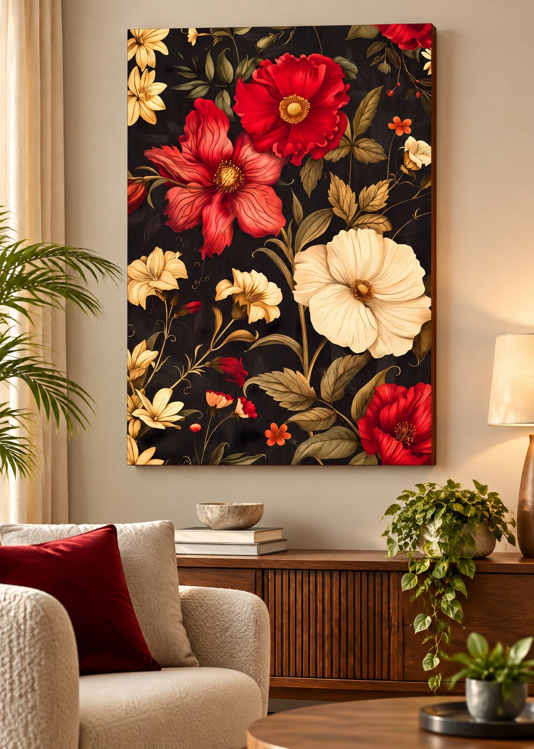 Red and ivory vintage flowers with golden leaves on a black background — canvas wall art