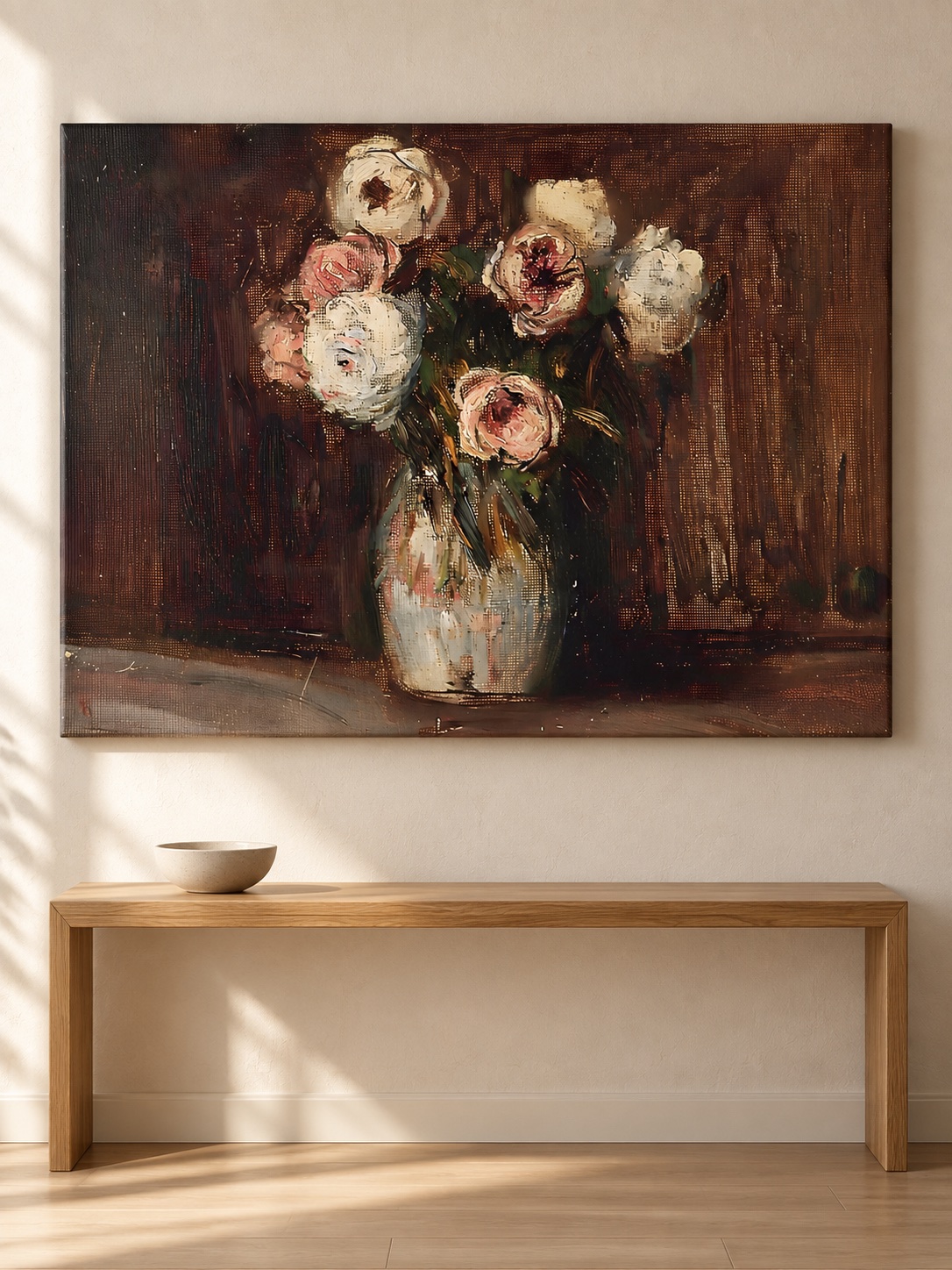 Moody dark floral canvas art of blush roses in a vase
