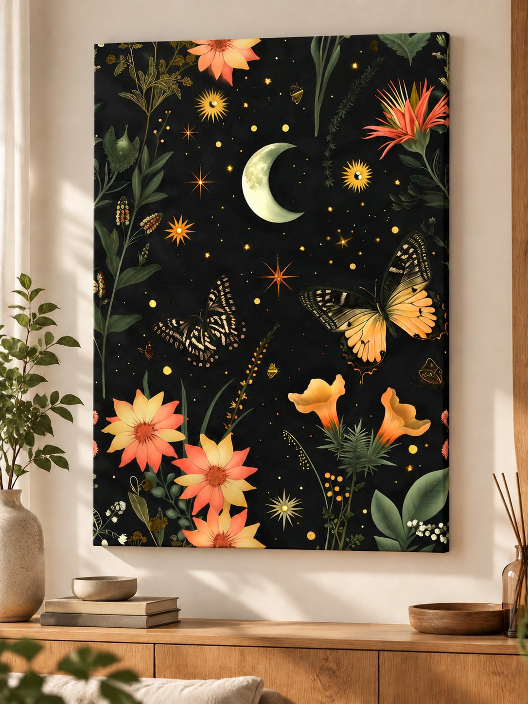 Moonlit Butterflies and Blooms Canvas Wall Art