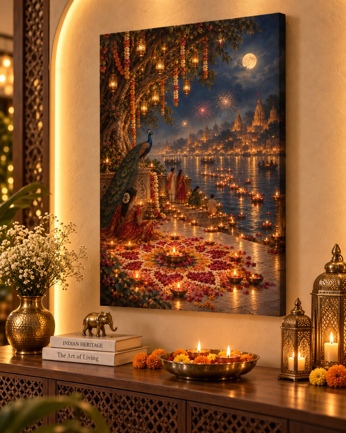 Moonlit Diwali River Celebration with Diyas, Peacock & Temple Skyline – Warm Festive Indian Wall Art