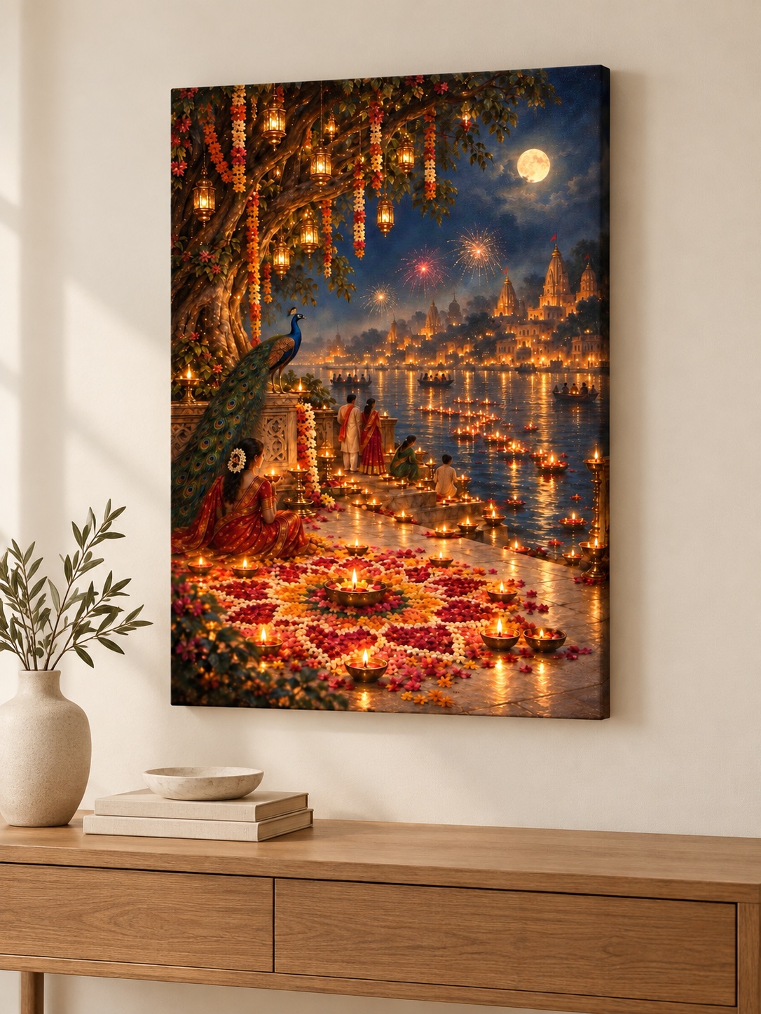 Moonlit river celebration with glowing diyas, floral decorations, peacock, traditionally dressed people, fireworks, hanging lanterns and illuminated temple architecture.