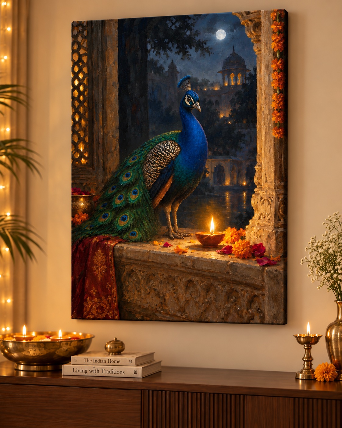 Royal blue and emerald peacock beside a glowing diya, surrounded by marigolds and ornate carved architecture under a full moon.