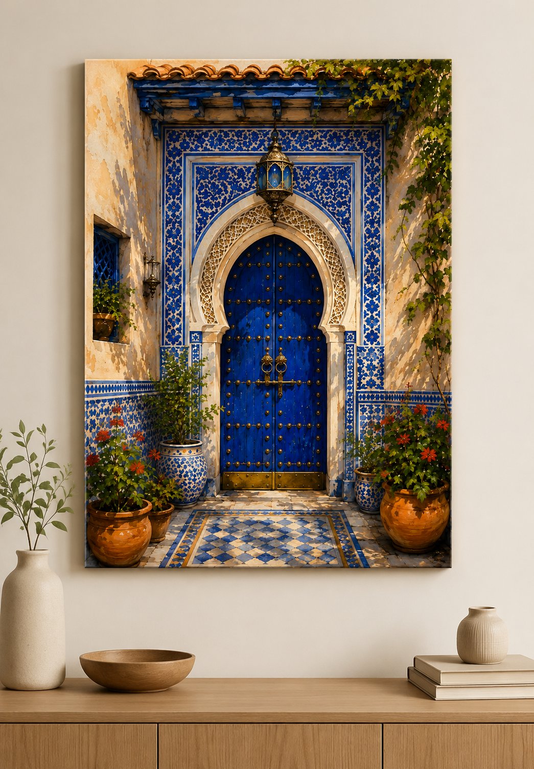 Moroccan Blue Door Wall Art, Islamic Architecture Print, Chefchaouen Street Photography Canvas, Mediterranean Decor, Arabic Arch Poster canvas print — ornate doorway