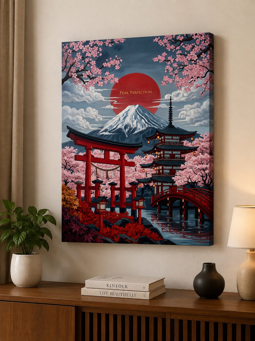 Mount Fuji Japanese Wall Art - Traditional Pagoda, Torii Gate & Cherry Blossom Canvas Print - Peak Perfection Landscape Poster canvas print — Japanese wall decor