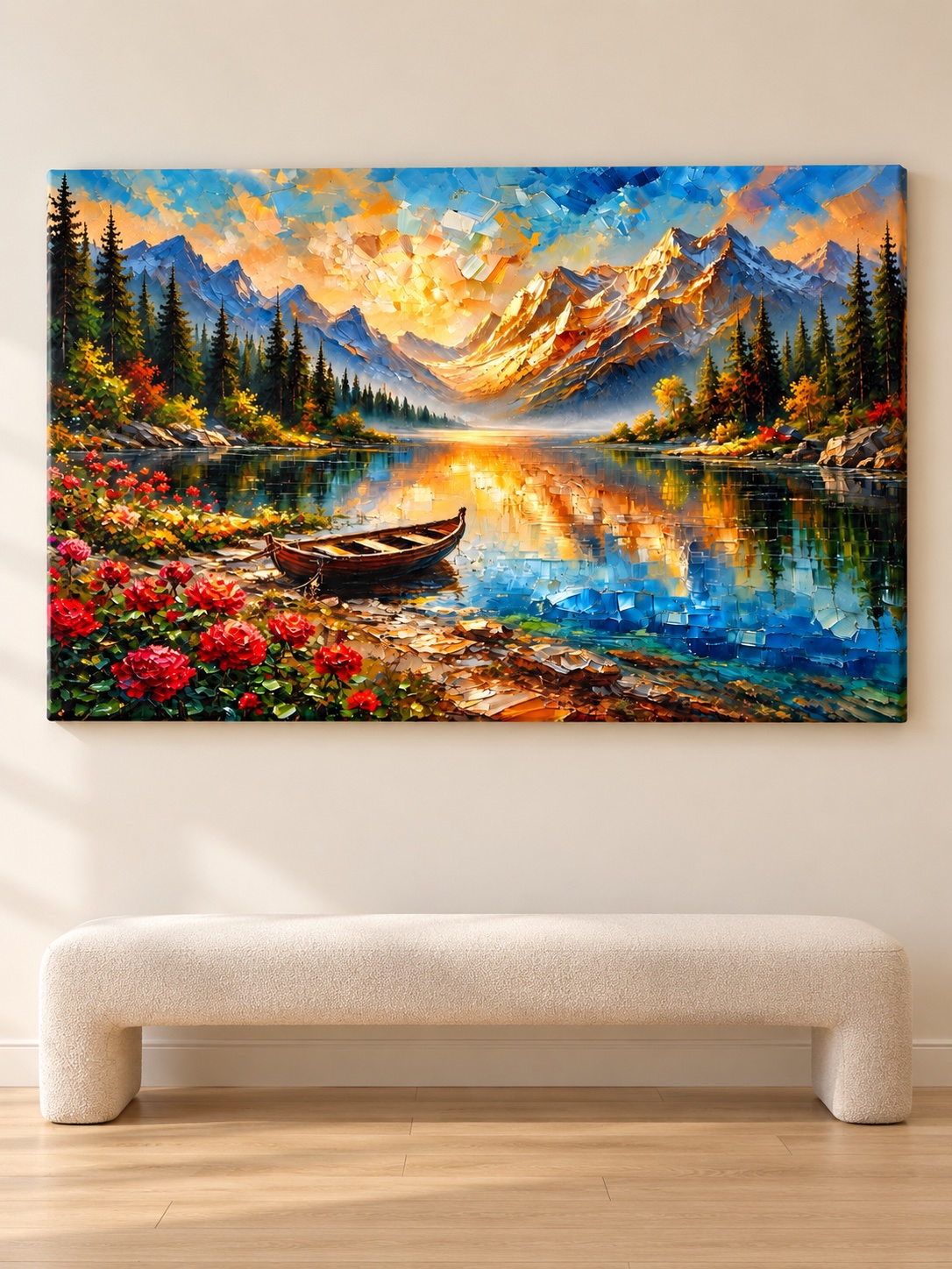 Mountain lake sunrise canvas wall art with wooden boat and roses