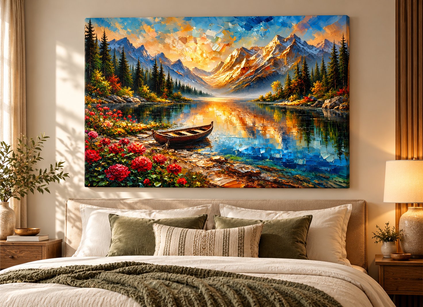 Mountain lake sunrise canvas wall art with wooden boat and roses