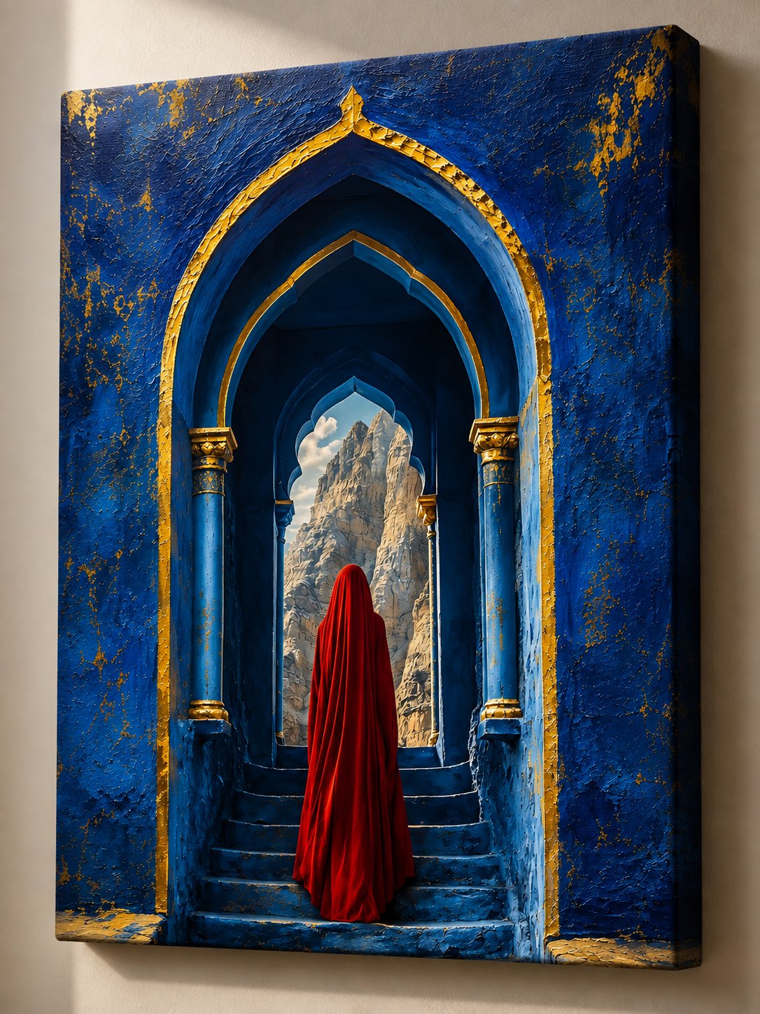 Mysterious Red Draped Figure in Blue Moroccan Archway Wall Art – Surreal Desert Mountain Architecture Canvas Print canvas print — ornate arch artwork