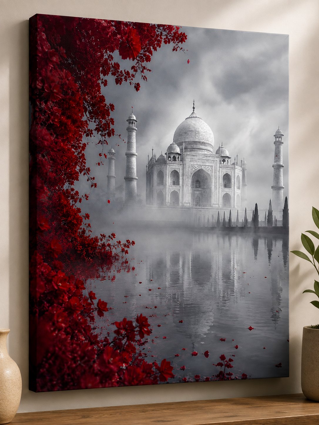 Mystic Taj Mahal Canvas Wall Art - Red Floral Landscape & Water Reflection Photo Print canvas print — taj mahal decor