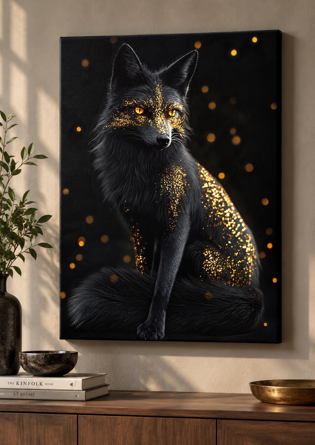 Mystical Black Fox Canvas Wall Art – Celestial Gold Glitter & Amber Eyes Fine Art Print for Modern Home & Luxury Decor canvas print — fox canvas print