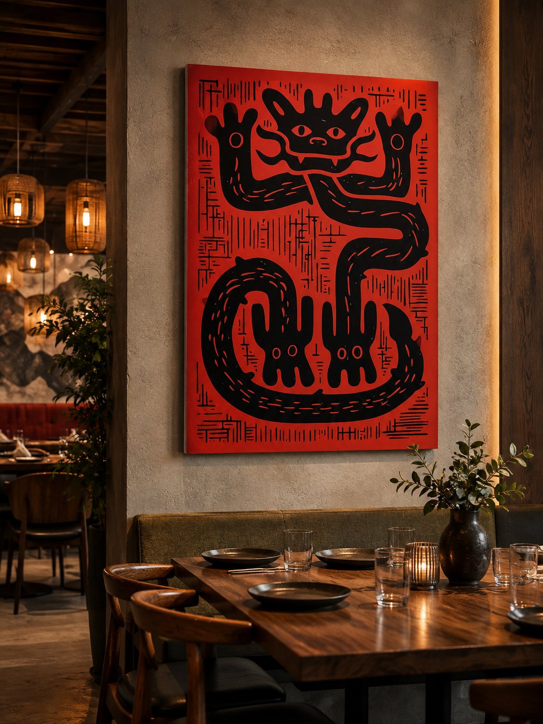 Mythical Dragon Linocut Wall Art – Bold Red & Black Tribal Beast Print, Contemporary Folk Art Canvas Poster canvas print — dragon canvas print