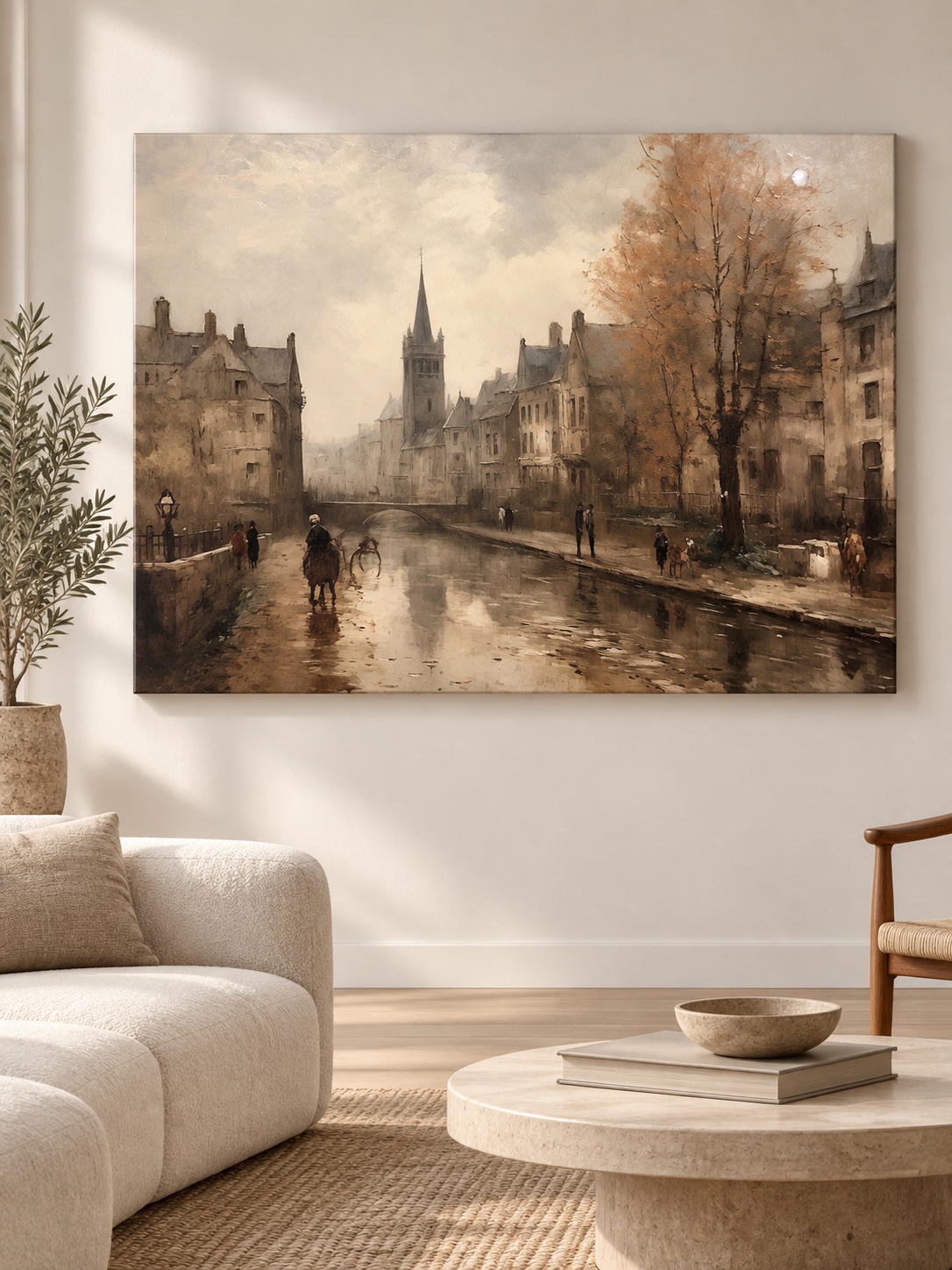 Soft vintage canvas art of a misty old European canal town