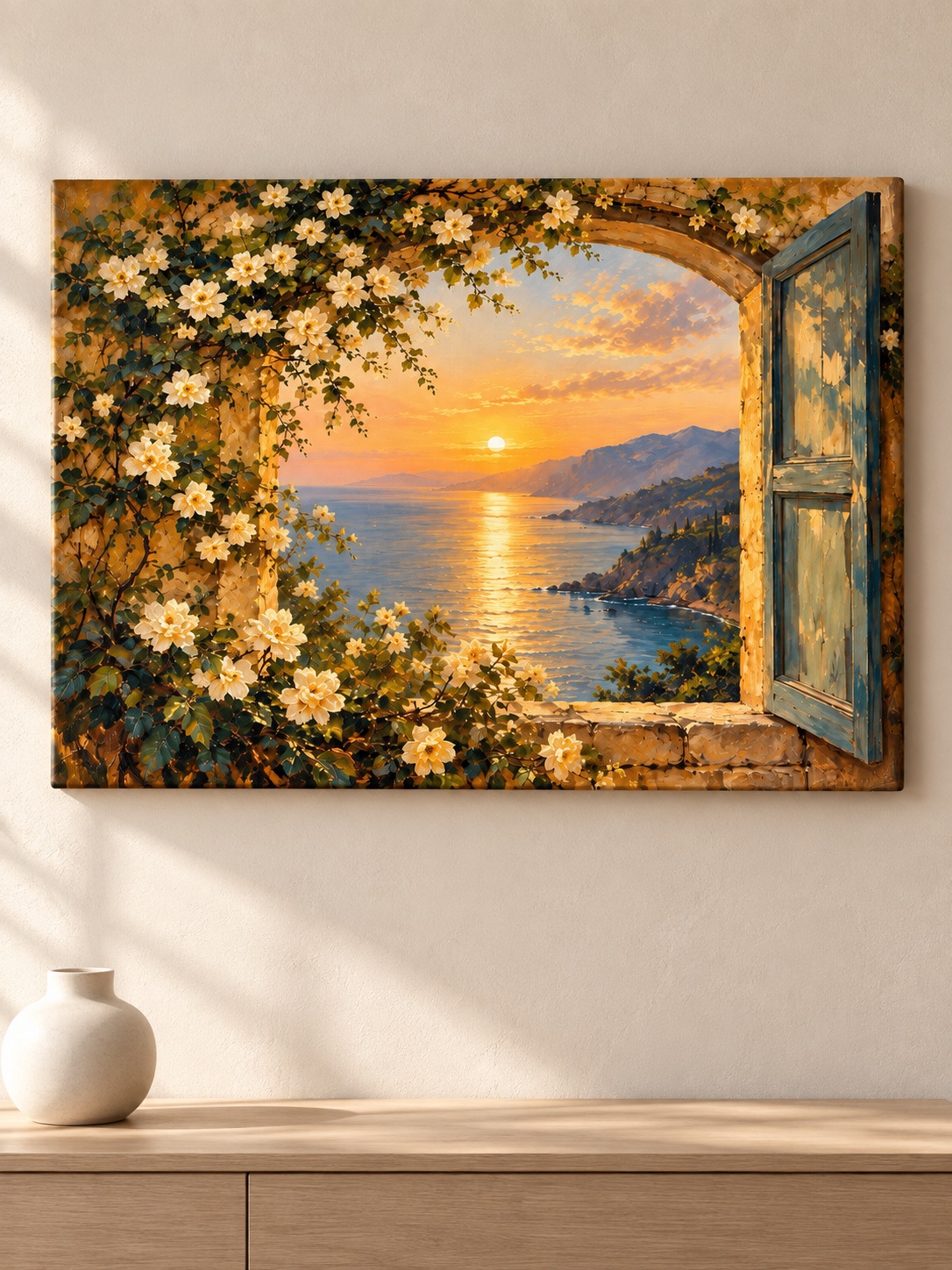 Open window ocean sunset canvas wall art with white flowers, blue shutters and sea view