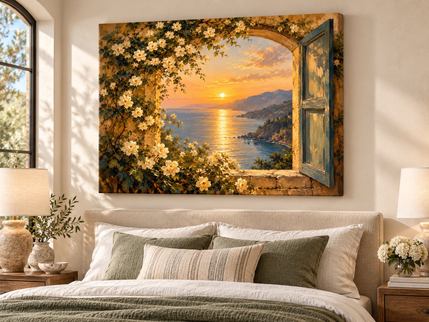 Open window ocean sunset canvas wall art with white flowers, blue shutters and sea view