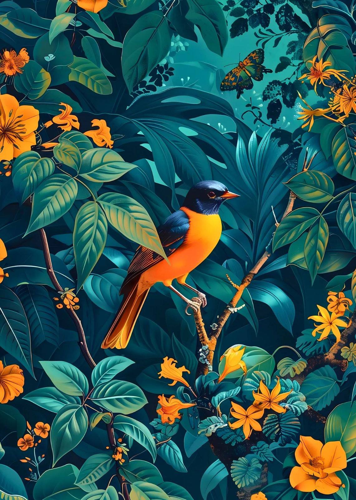 Orange and black oriole bird perched in a teal tropical jungle with flowers and a butterfly — poster