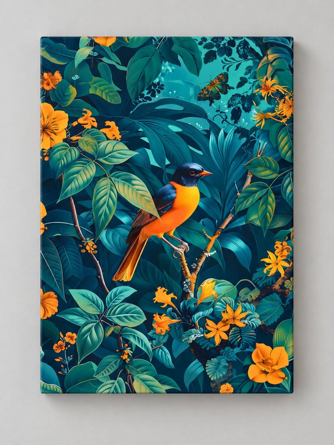 Orange and black oriole bird perched in a teal tropical jungle with flowers and a butterfly — canvas wall art
