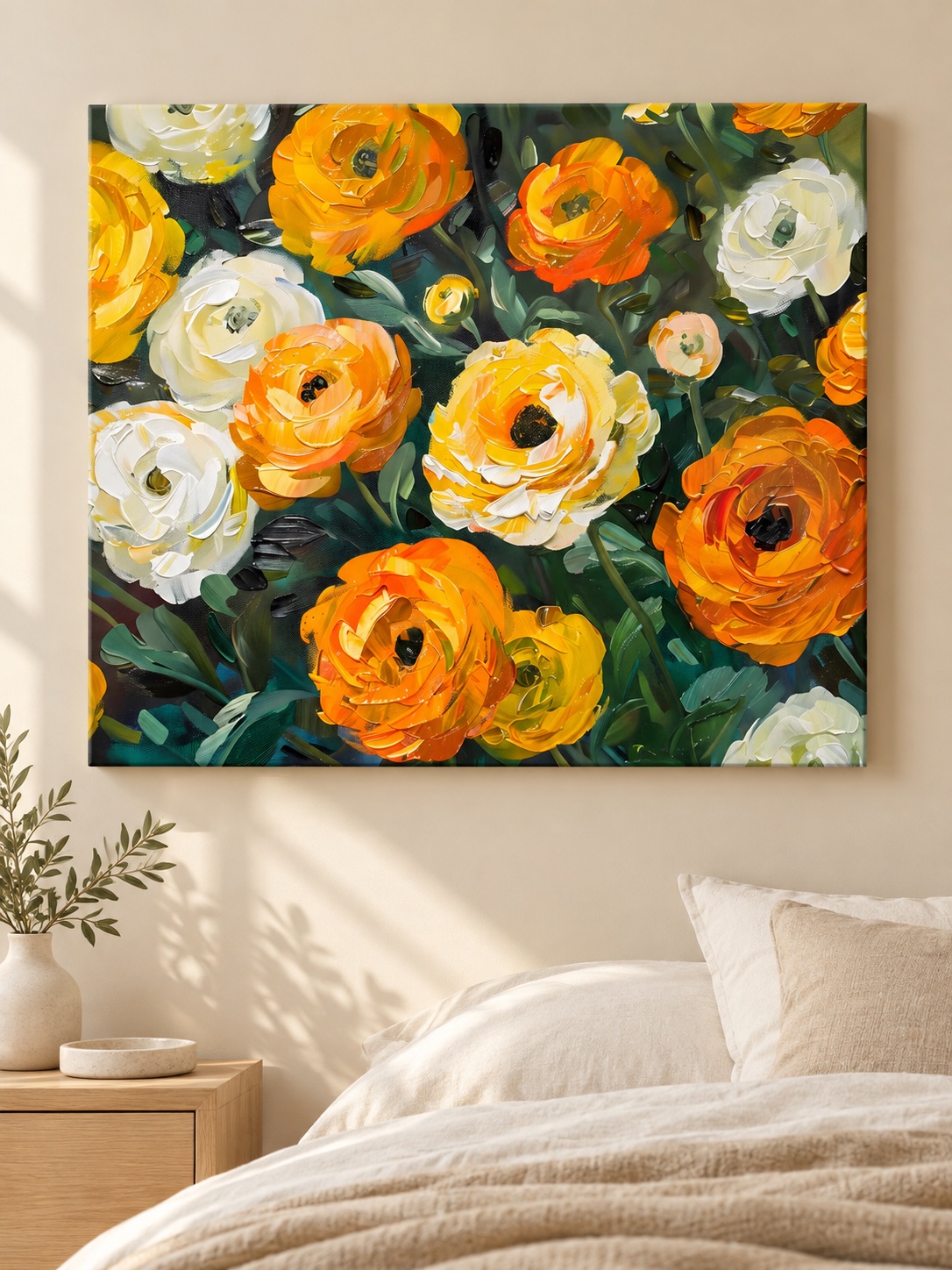 Bold impasto canvas art of orange and white ranunculus flowers