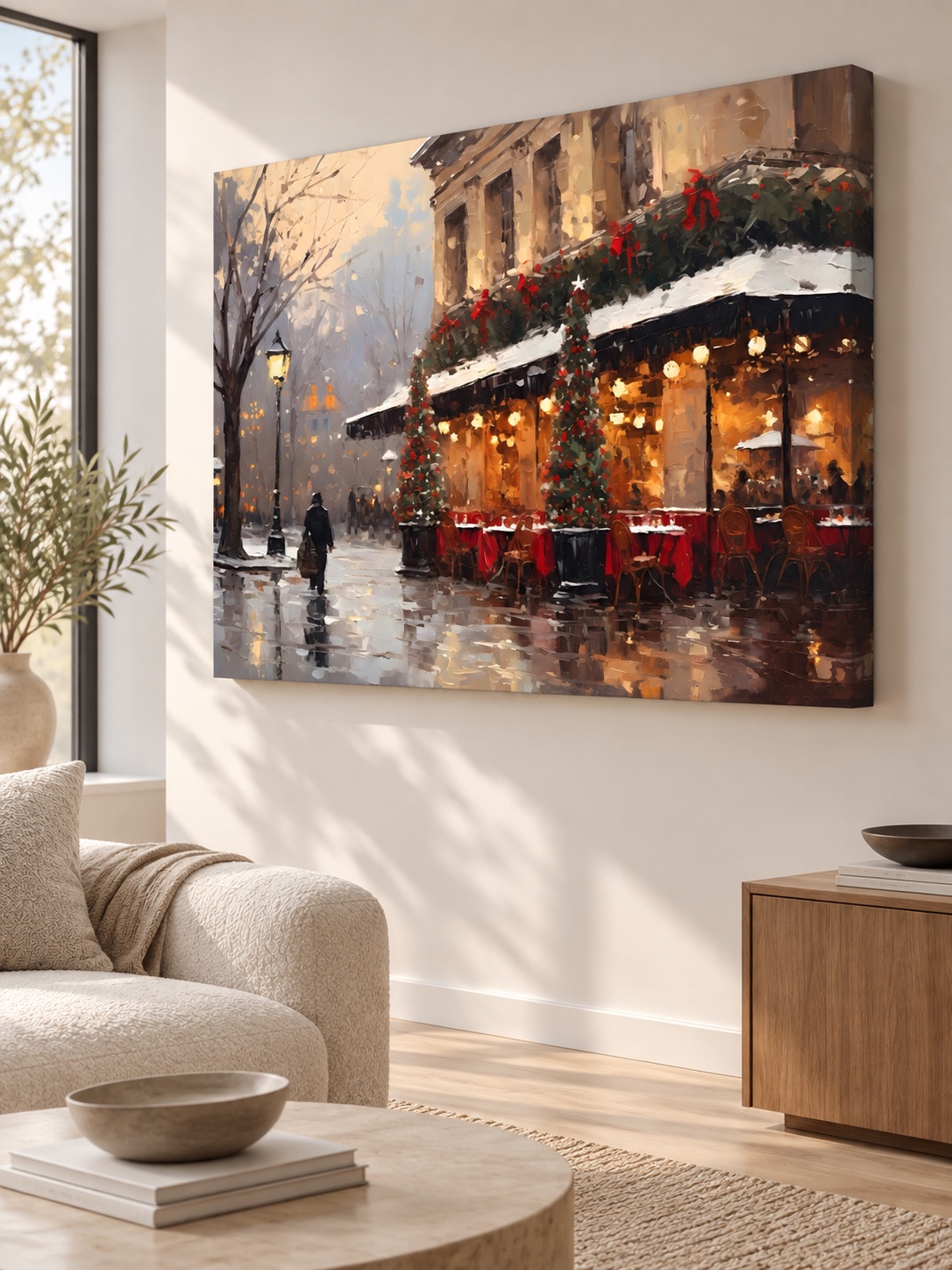 Enchanting Paris cafe canvas art in snow with Christmas decorations
