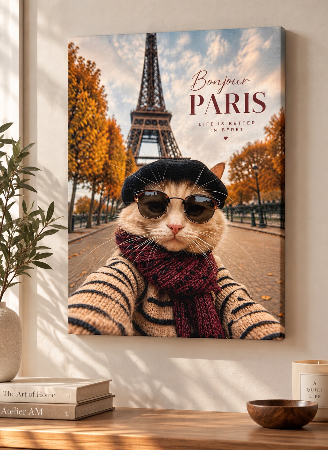 Stylish cat wearing a black beret, sunglasses, striped sweater and burgundy scarf in front of the Eiffel Tower, surrounded by golden autumn trees and “Bonjour Paris” text.