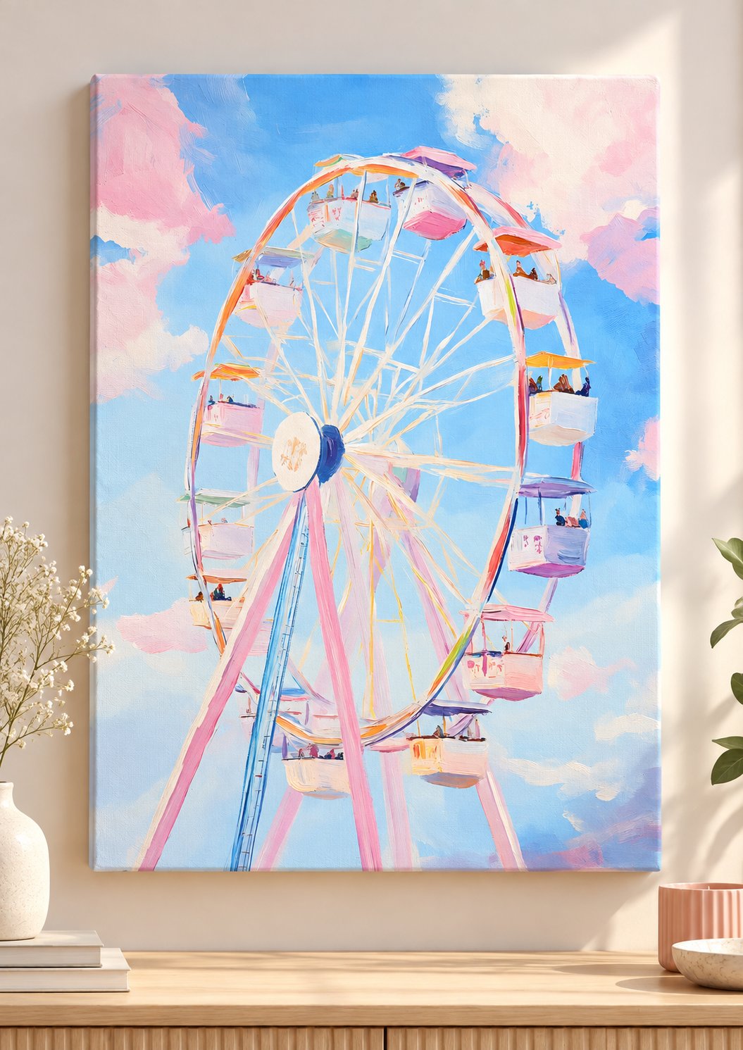 Pastel Ferris Wheel Painting – Pink & Blue Whimsical Amusement Park Wall Art