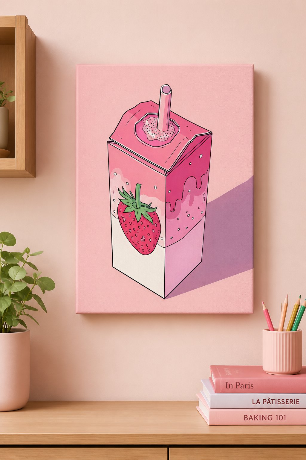 Pastel Pink Strawberry Milk Carton Wall Art | Aesthetic Cute Kawaii Art Print for Bedroom & Dorm Decor canvas print — strawberry milk print