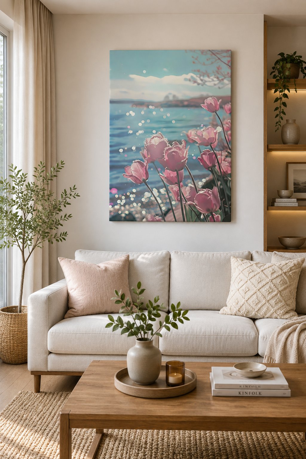 Pastel Pink Tulips Wall Art - Coastal Spring Floral Canvas Print, Shimmering Lake Landscape Poster, Serene Botanical Decor for Living Room canvas print — tulip canvas print