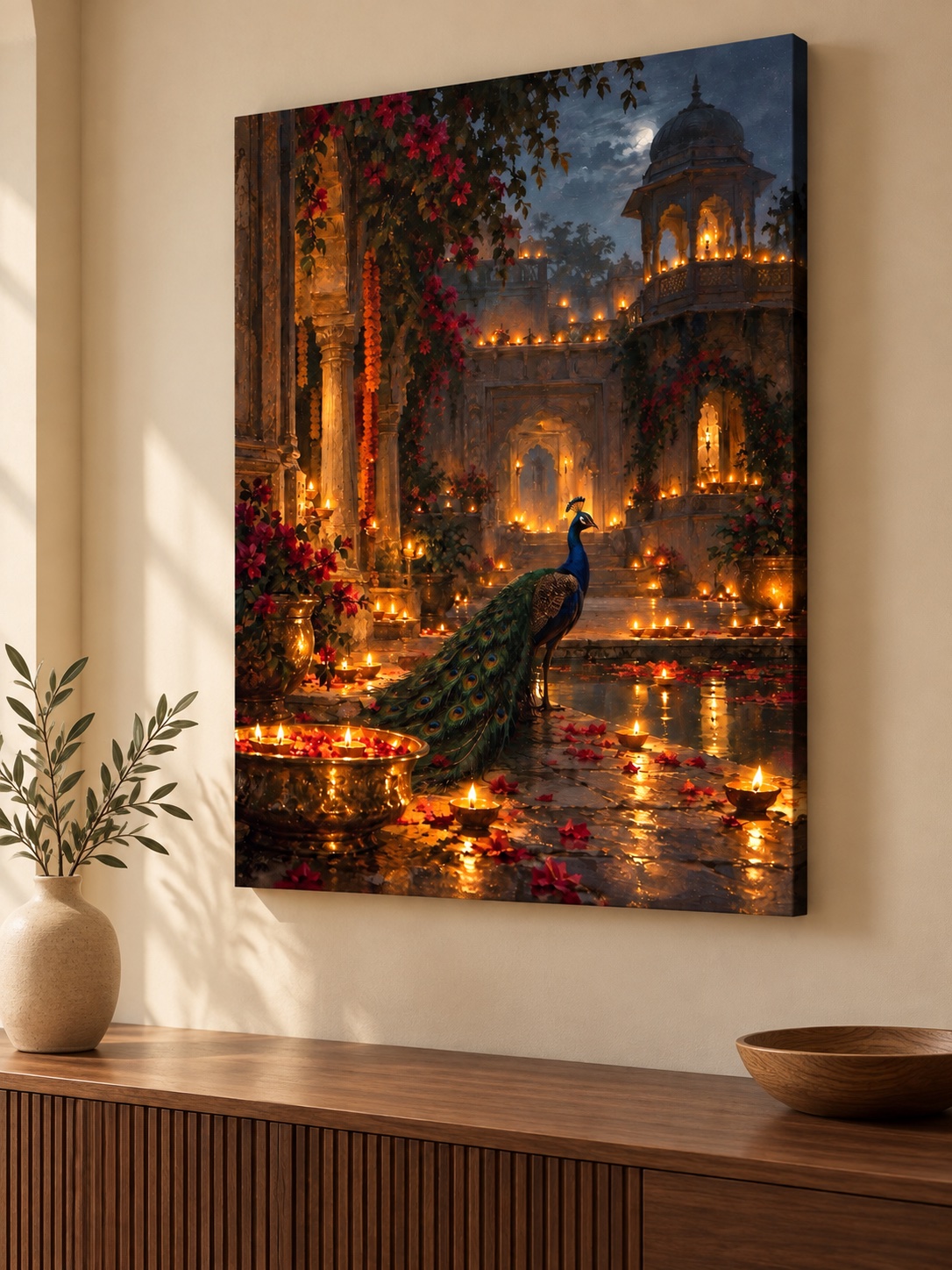 Peacock standing in a moonlit carved courtyard filled with glowing diyas, flowering vines, red petals, arches, and warm golden reflections.