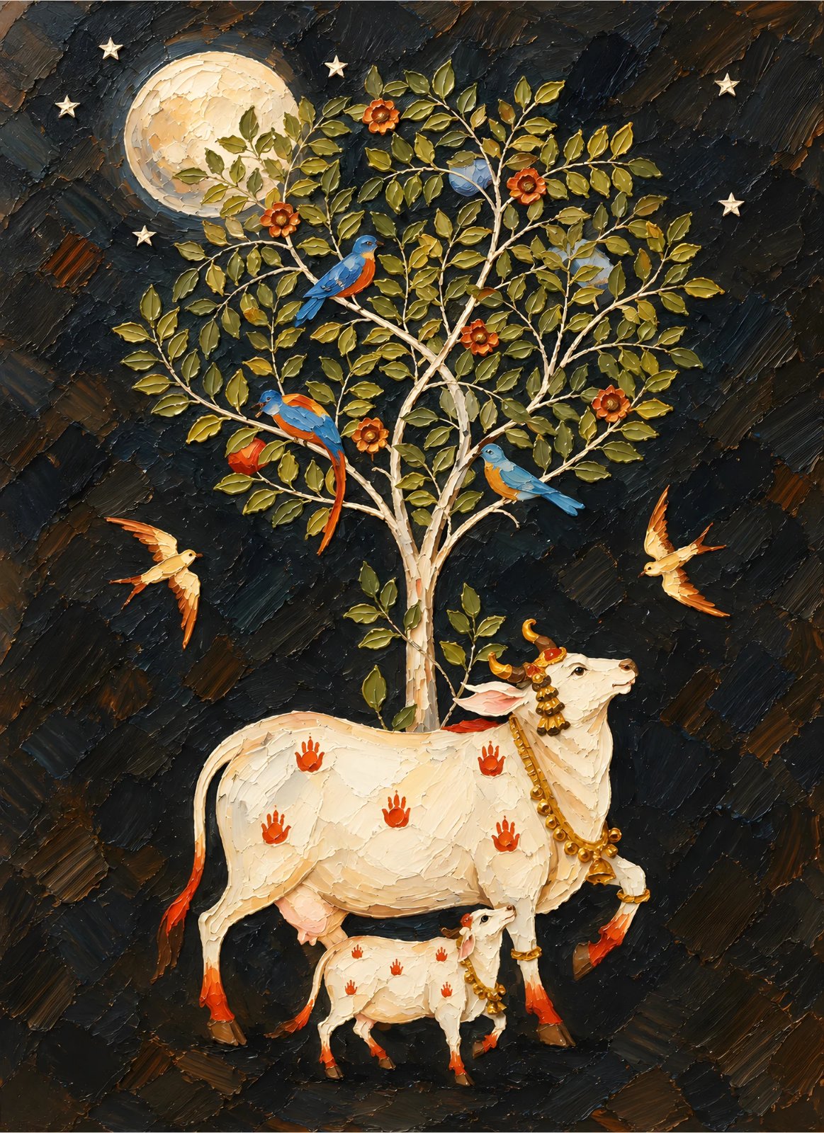 Pichwai style white cow and calf under a flowering tree with birds and moon canvas wall art in white red and gold on dark background