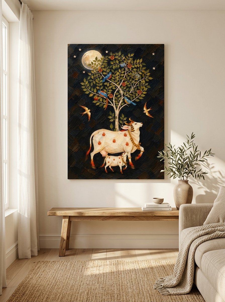 Pichwai style white cow and calf under a flowering tree with birds and moon canvas wall art in white red and gold on dark background