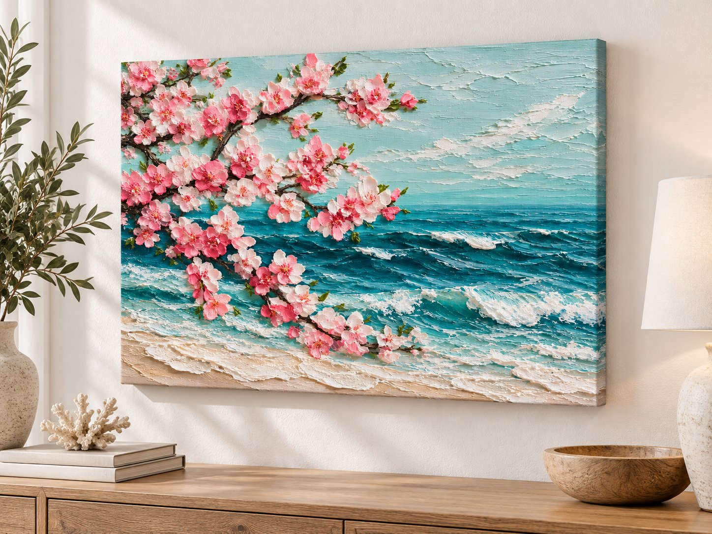 Pink Cherry Blossom Ocean Canvas Wall Art - Impasto Floral Waves Painting for Living Room Decor