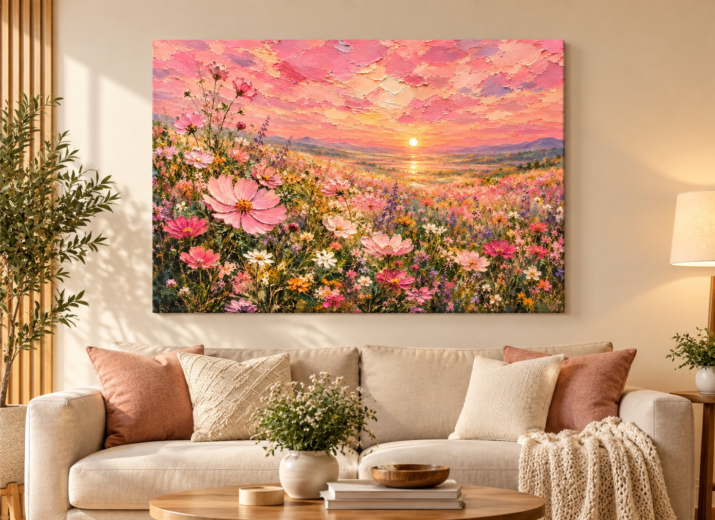 pink cosmos meadow sunset canvas wall art