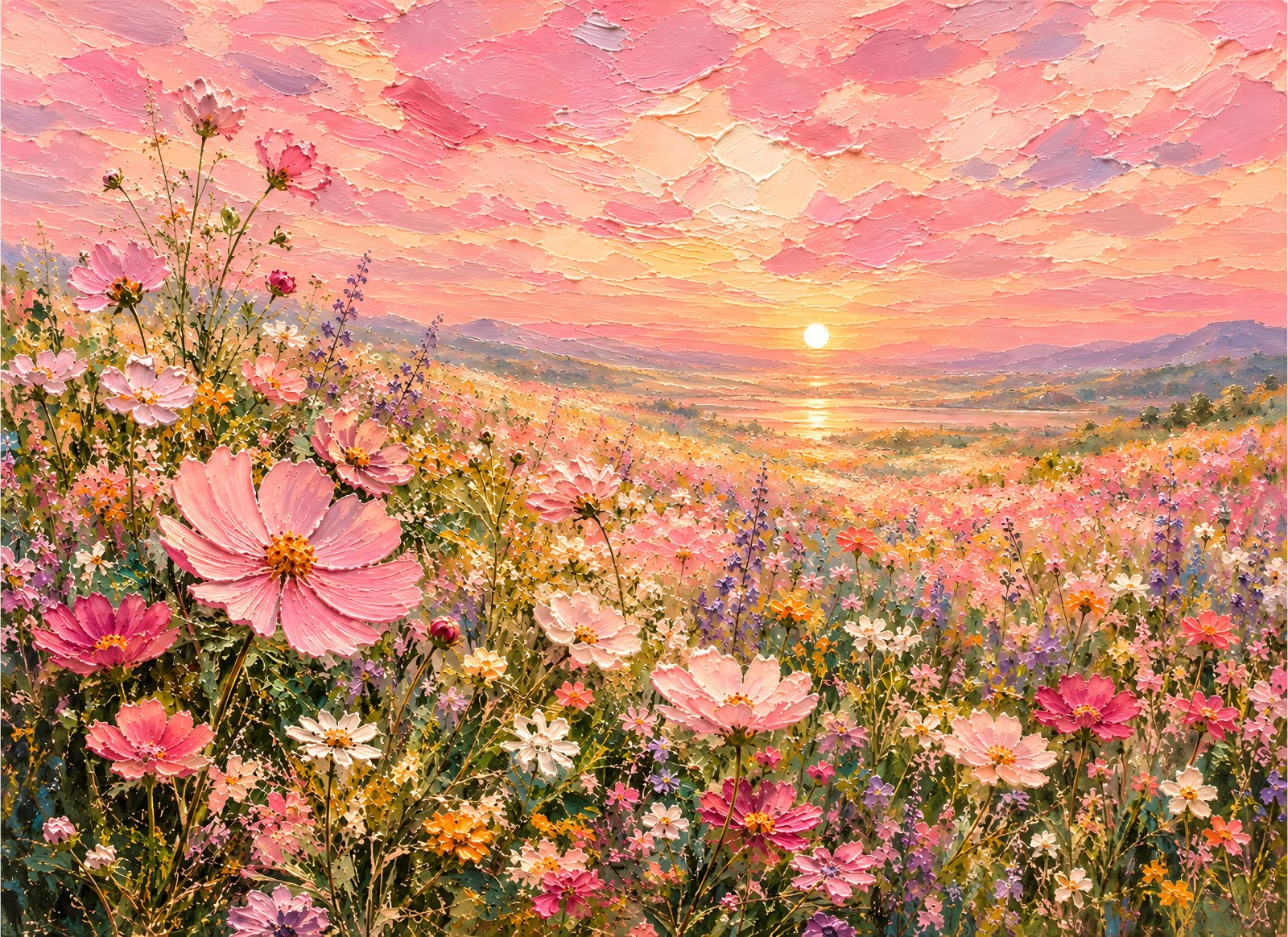 pink cosmos meadow sunset poster