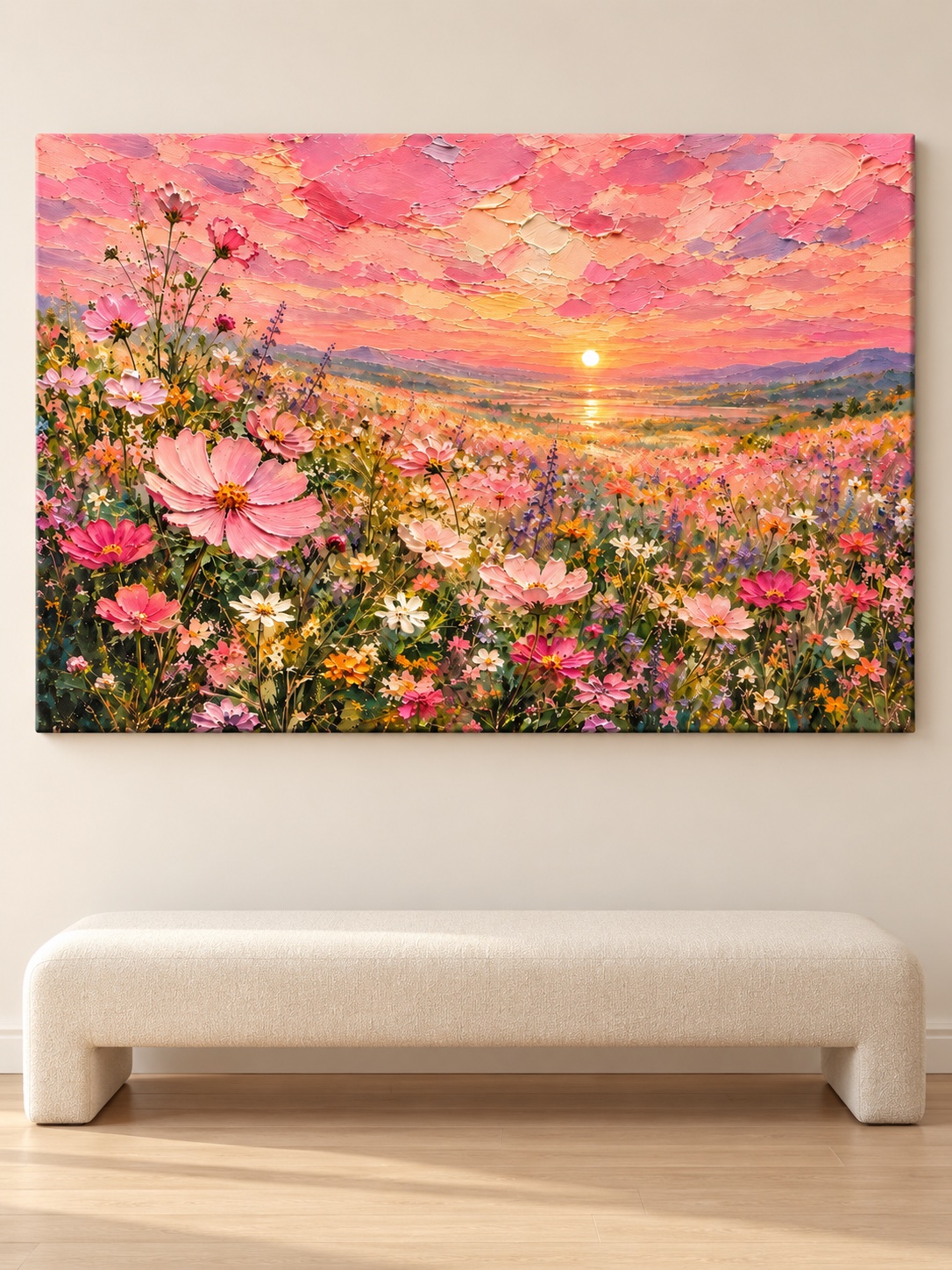 pink cosmos meadow sunset canvas wall art