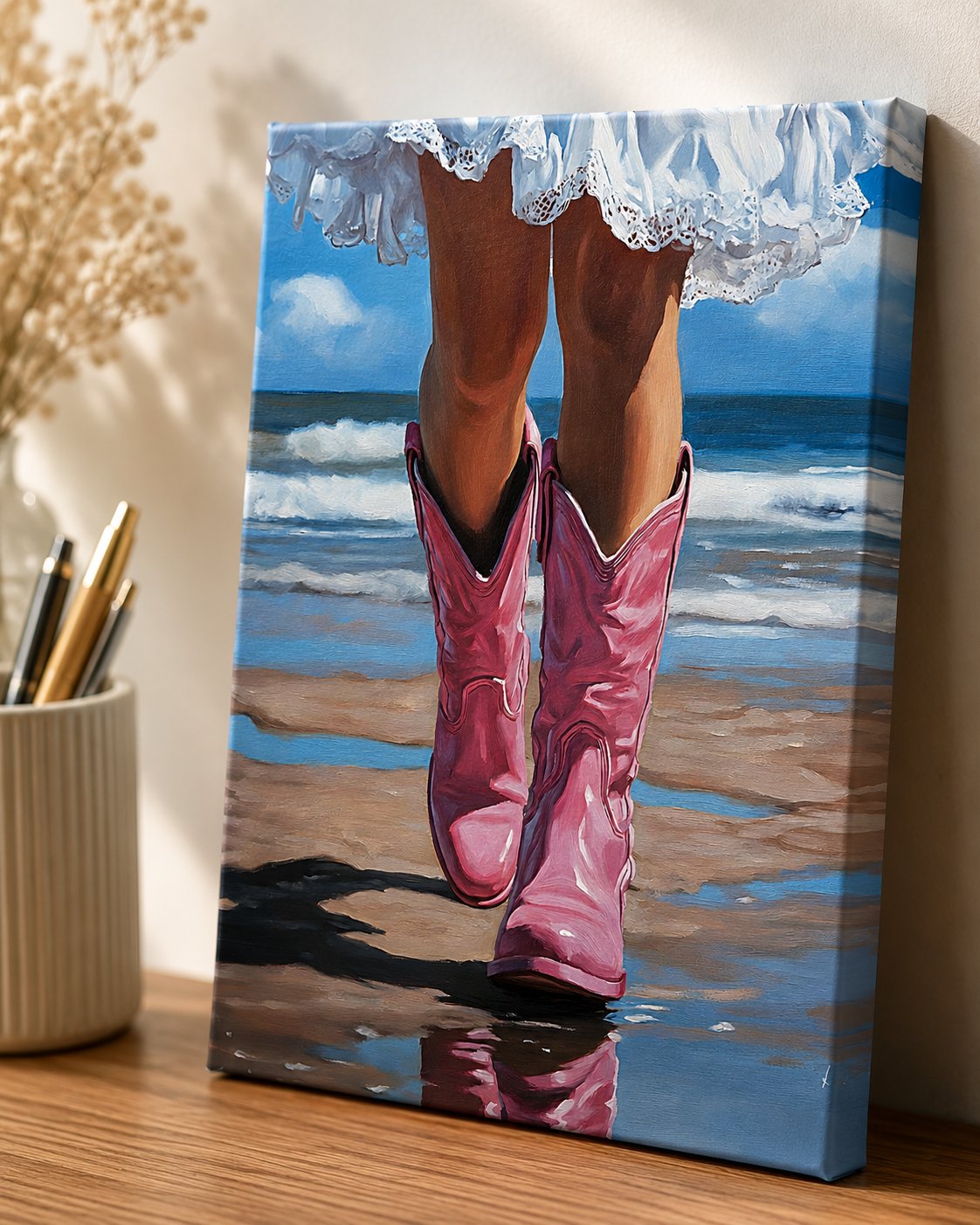 Pink Cowboy Boots Beach Wall Art | Coastal Cowgirl Oil Painting Print canvas print — pink cowboy boots