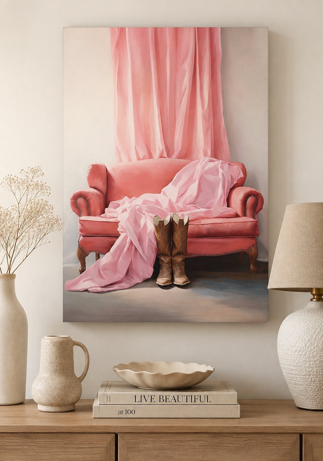 Pink Cowboy Boots Wall Art | Romantic Western Decor Canvas Print | Coquette Cowgirl Aesthetic Poster, Pastel Pink Couch Art canvas print — cowboy boots decor