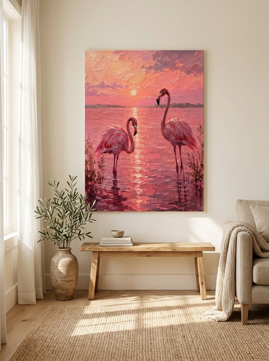 Two pink flamingos at sunset impasto canvas wall art for living room and bedroom