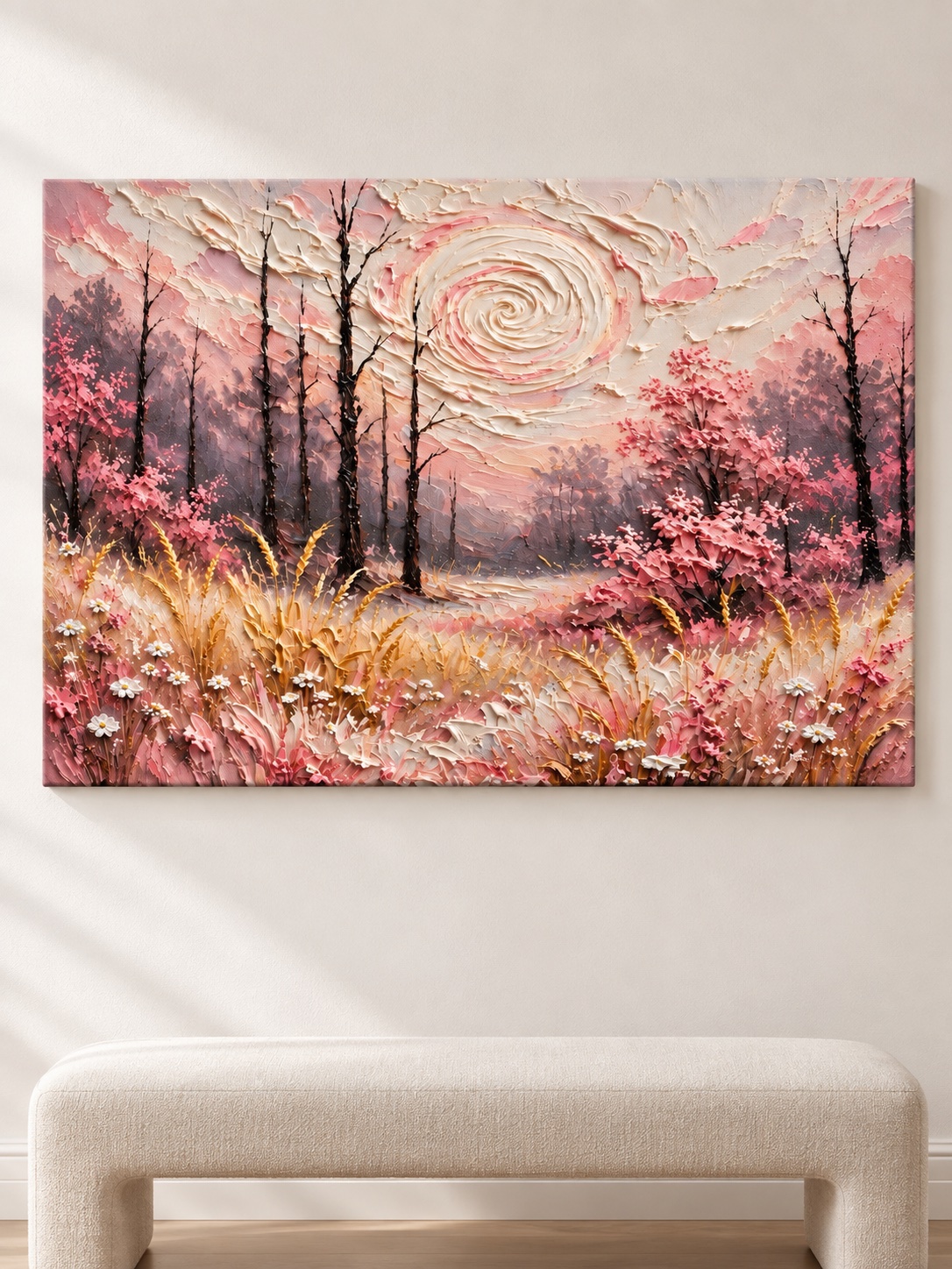Pink forest swirl canvas wall art with spiral sky