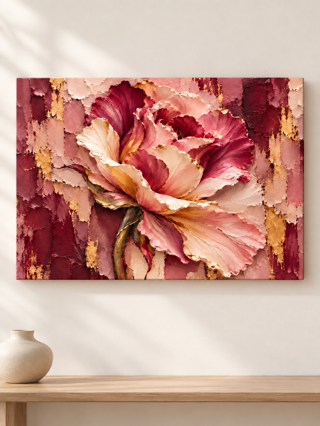 Pink peony impasto canvas wall art with textured petals