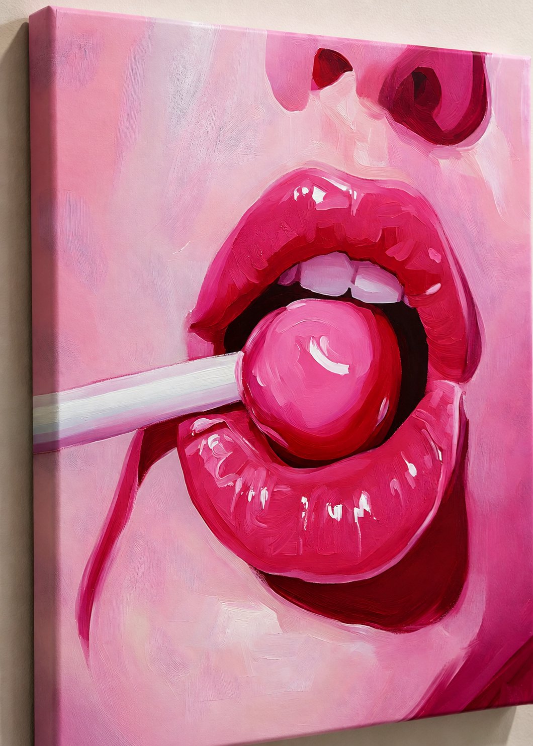 Pink Pop Art Lips Canvas Wall Art - Modern Glam Cherry Lollipop Painting Print - Trendy Girly Aesthetic Decor for Bedroom, Living Room, Vanity canvas print — glossy lips artwork
