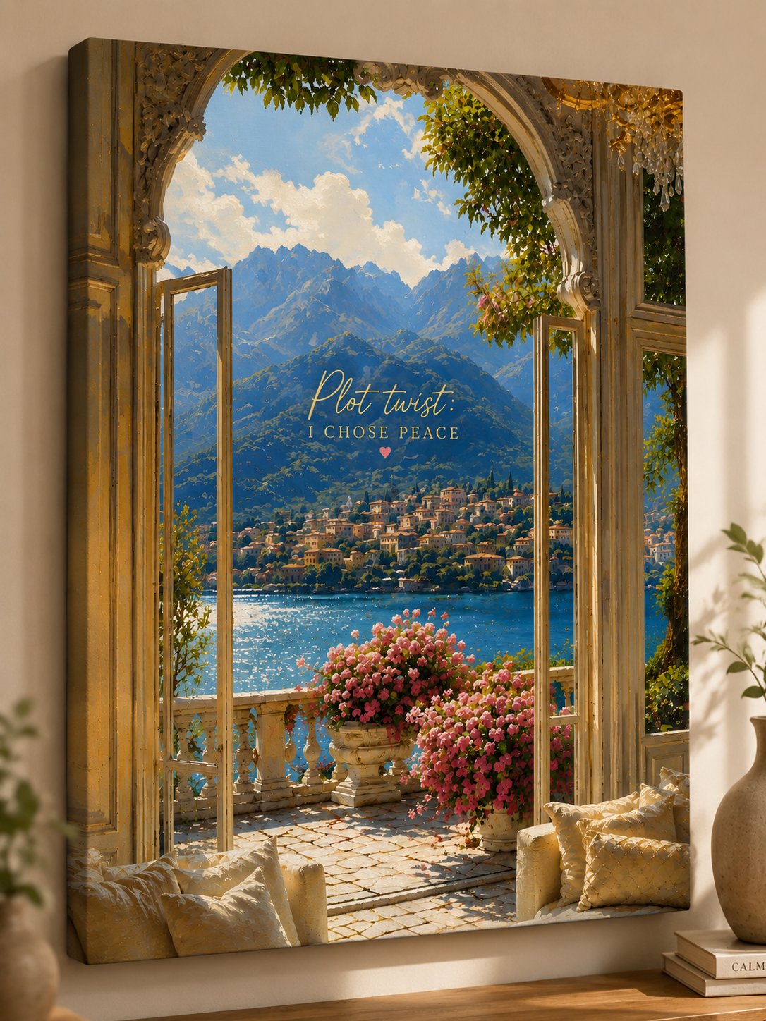 Plot Twist I Chose Peace" Coastal Balcony Canvas Print – Serene Mountain & Lake Landscape Wall Art canvas print — alpine scenery
