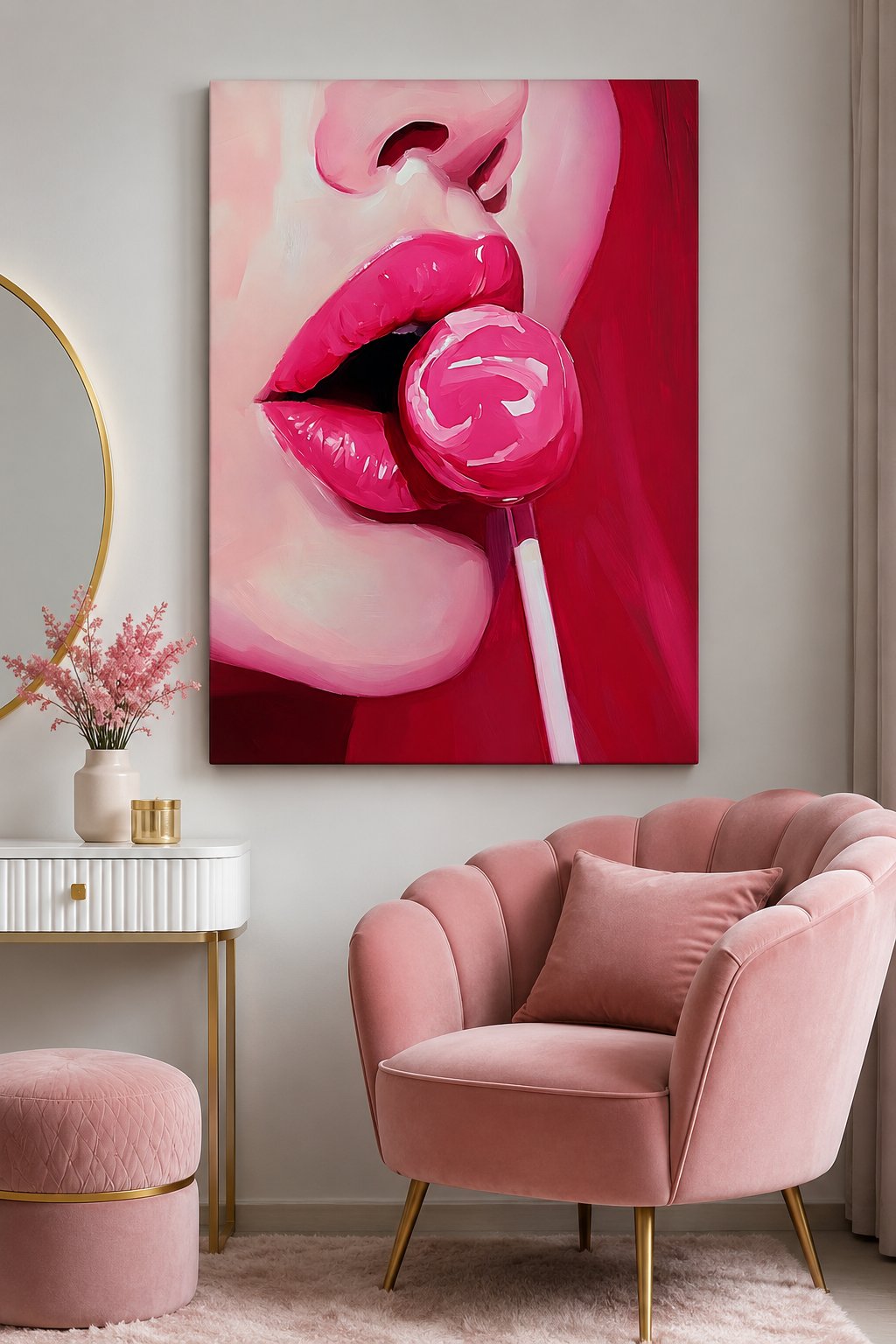 Pop Art Pink Lips and Lollipop Canvas Print - Modern Glossy Lip Wall Art for Contemporary Home Decor canvas print — glossy lips print