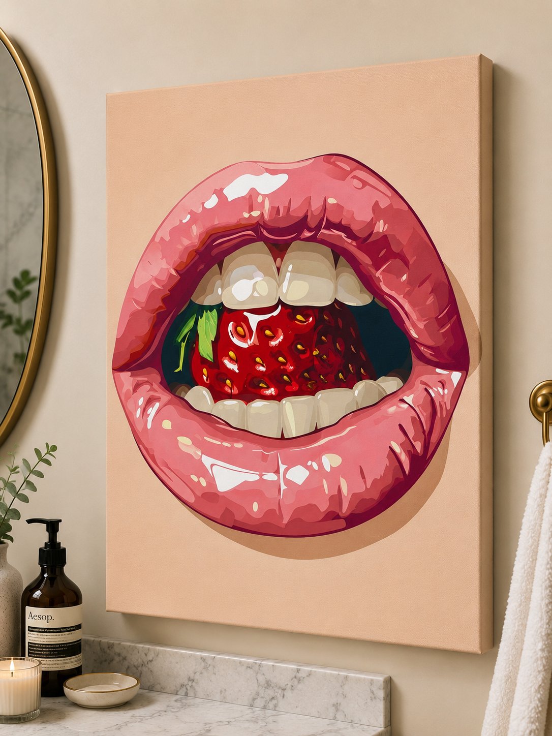 Pop Art Pink Lips Wall Art – Modern Strawberry Lips Canvas Print, Quirky Trendy Bedroom Decor, Glam Wall Art canvas print — glossy lips illustration