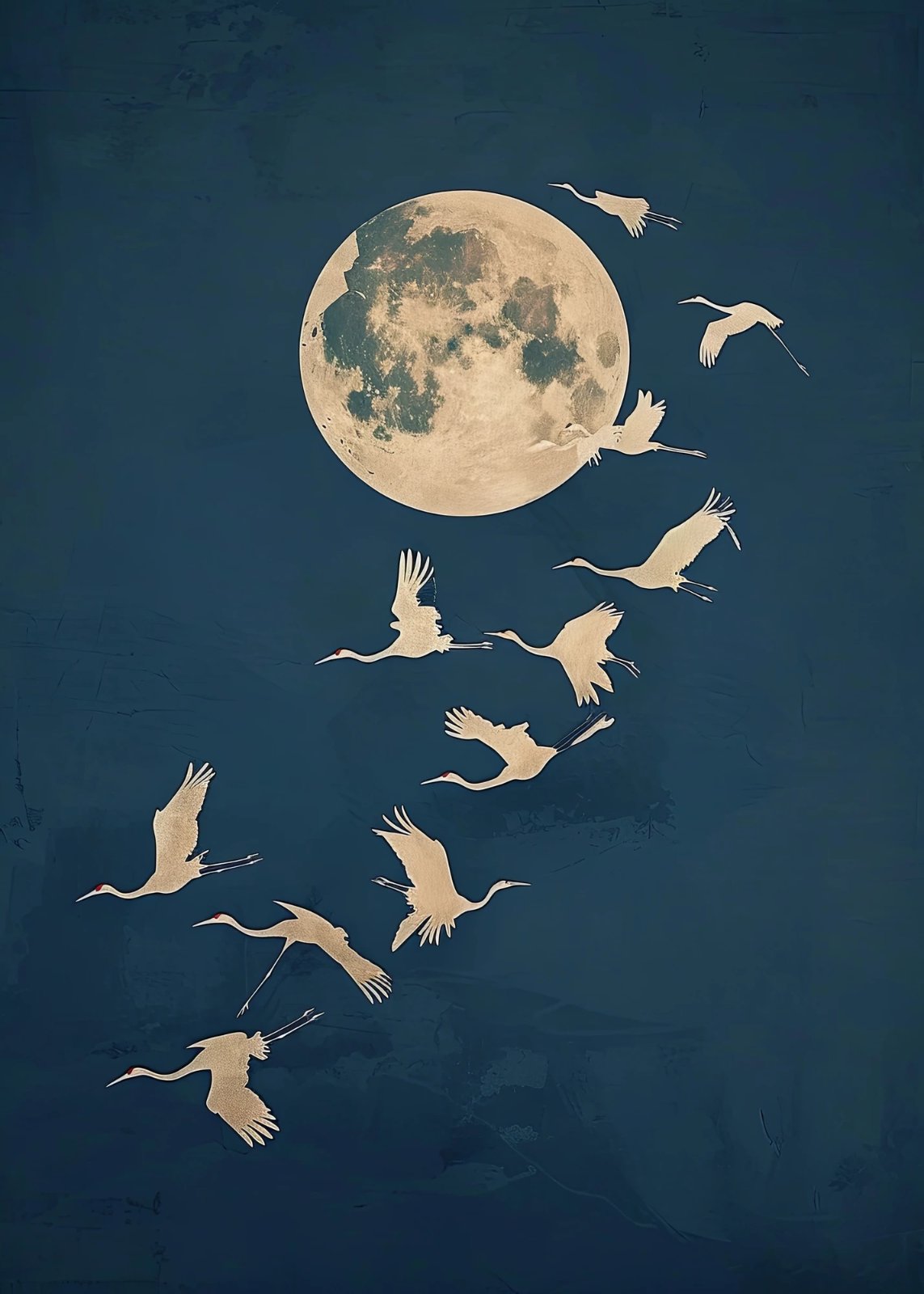 Blue & Gold Crane Moon Poster – Elegant Bird Decor — Poster