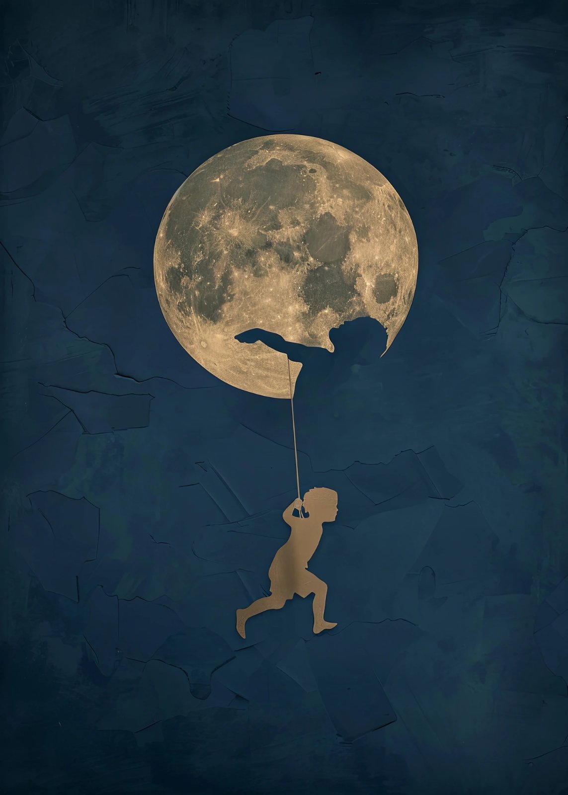 Surreal Boy and Full Moon Poster – Whimsical Dreamy Silhouette Poster, Navy Blue & Gold Modern Home Decor for Living Room & Nursery — Poster