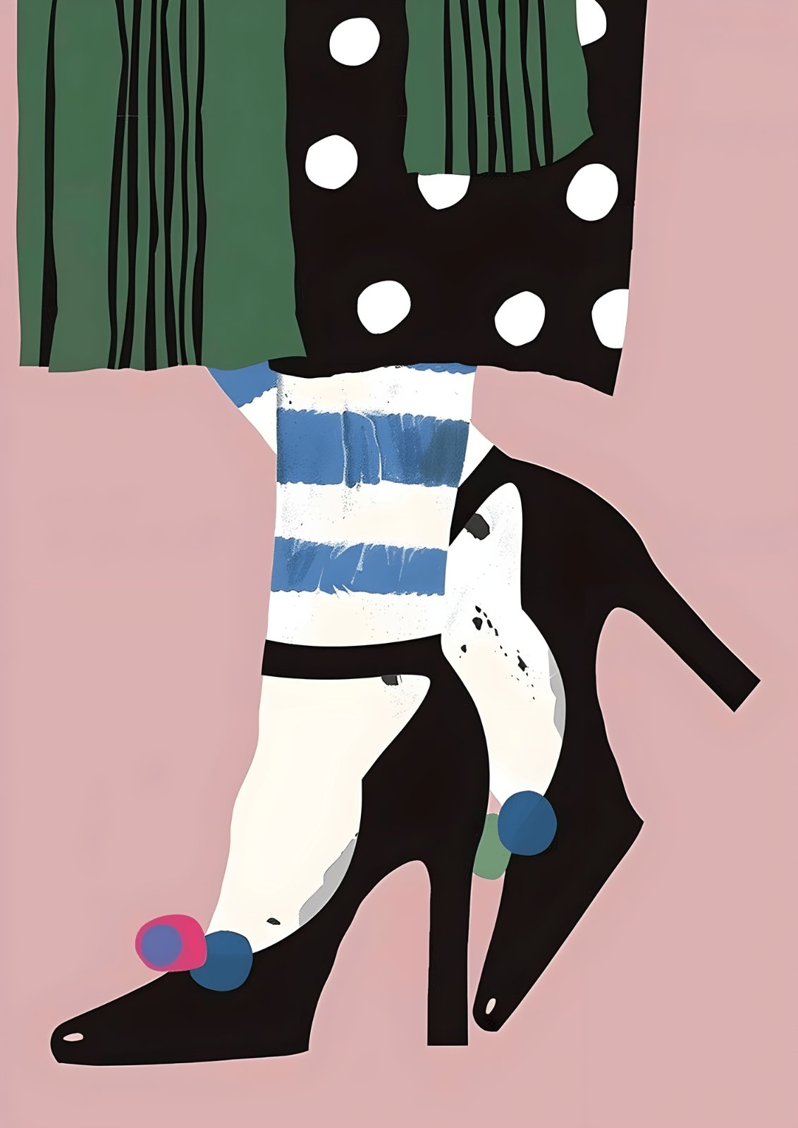 Modern Fashion Poster | Quirky High Heels Illustration | Mid Century Modern Polka Dot & Stripes Poster | Chic Feminine Bedroom Decor | Whimsical Stylized Legs Print — Poster