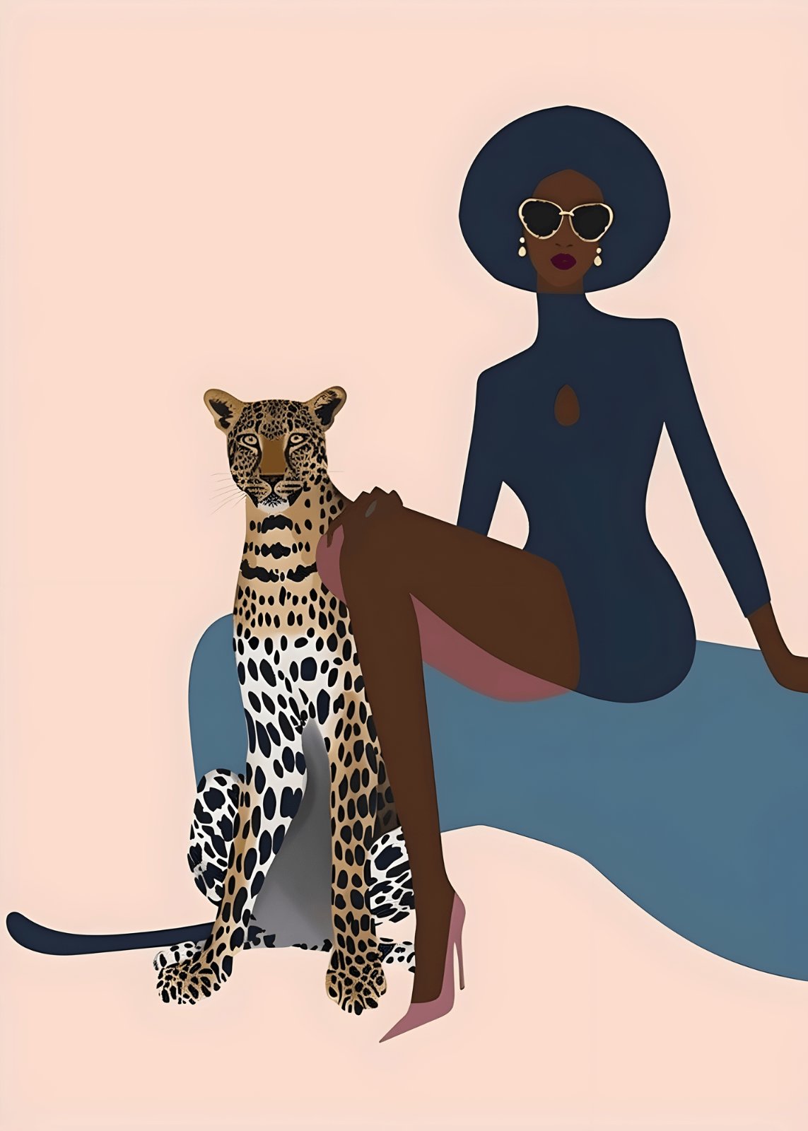 Chic African American Woman with Leopard Poster | Modern Black Woman Fashion Illustration Poster | Luxury Boho Home Decor — Poster